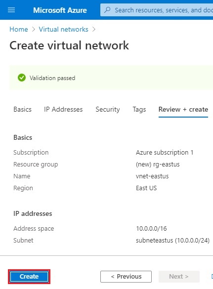 azure create virtual network validation