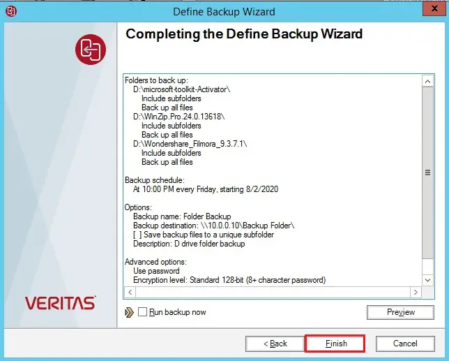 completing the define backup wizard