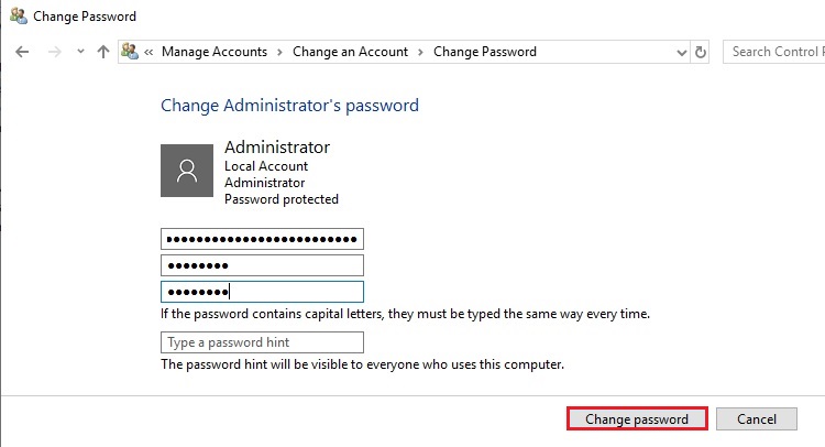control panel change password