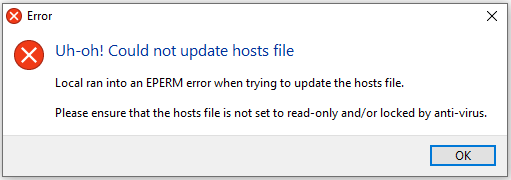 Uh-Oh! Could not update hosts file