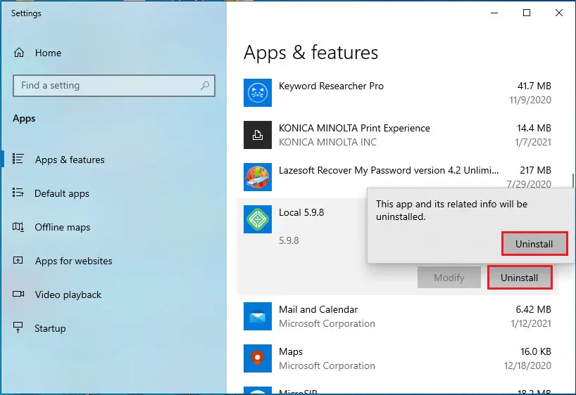 windows apps and features
