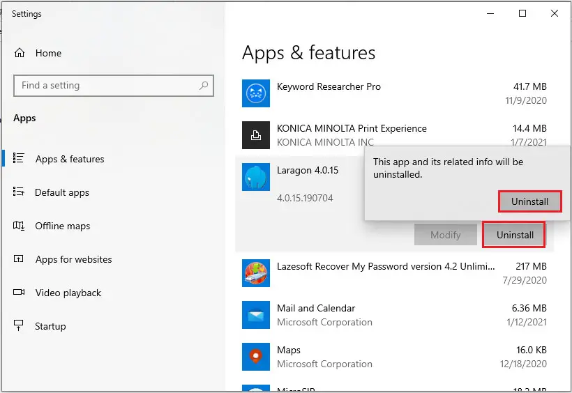 windows apps and features
