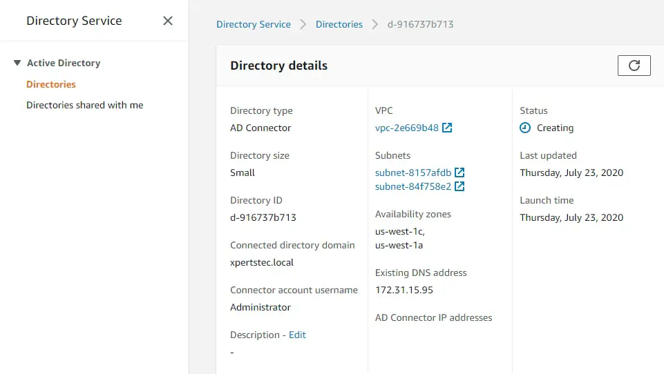 aws ad directory details
