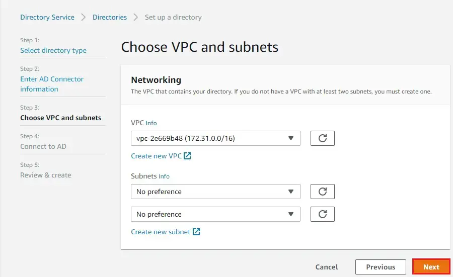aws directory choose vpc and subnet