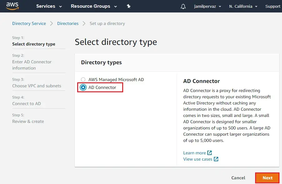aws select directory type