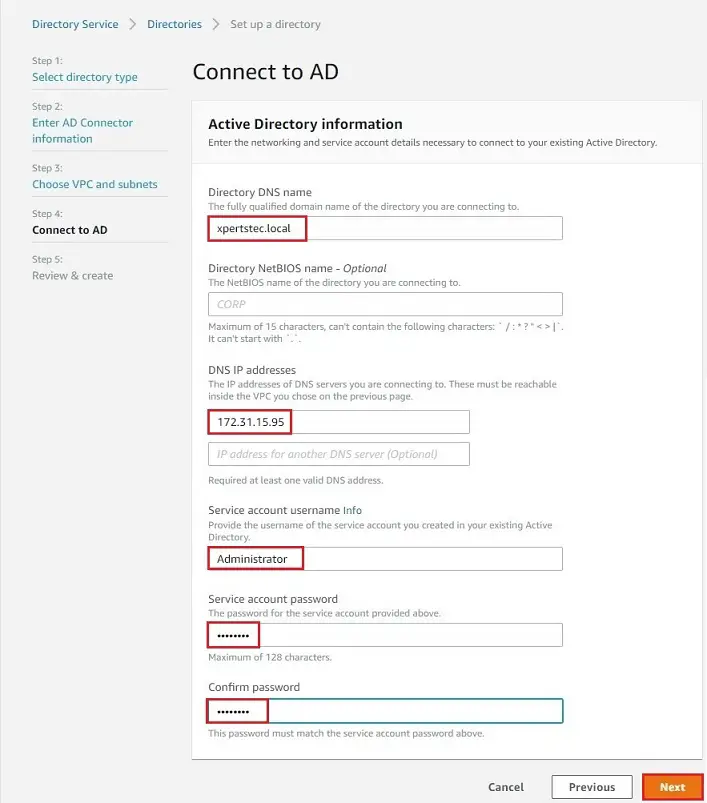 aws set up directory connect to ad