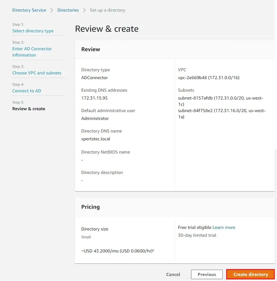 aws set up directory review & create