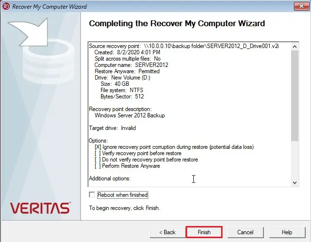 complete the veritas recover my computer