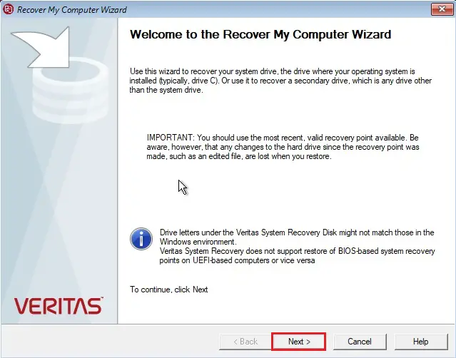veritas recover my computer wizard