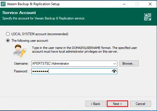 service account for the Veeam