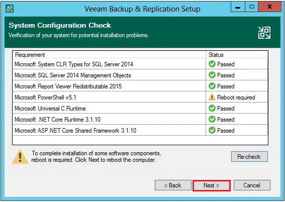 veeam missing components passed