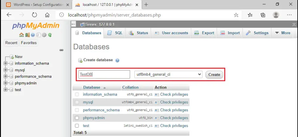 Xampp server create database