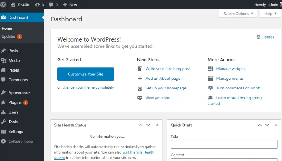 xampp wordpress dashboard