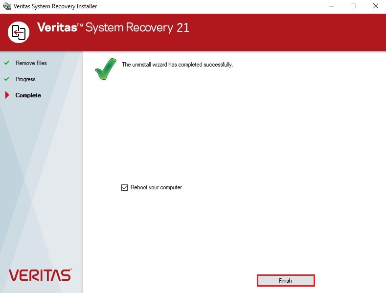 uninstall wizard completed veritas system