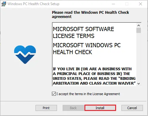 windows pc health check agreement