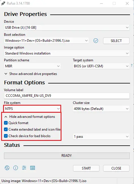 rufus select file system