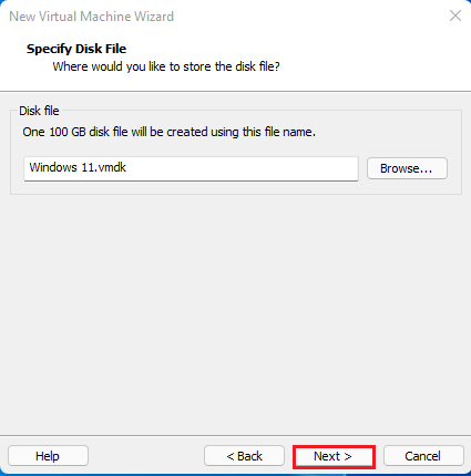 specify disk file vmware workstation