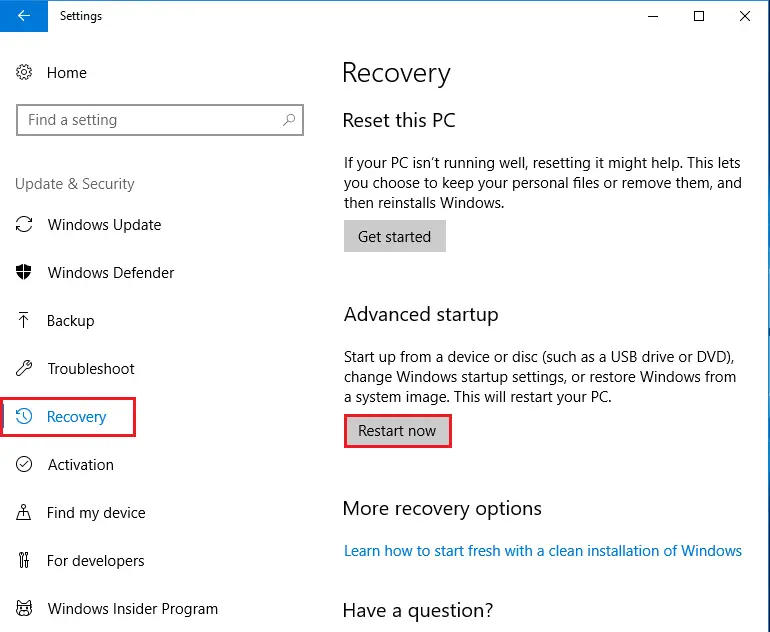 windows settings recovery options
