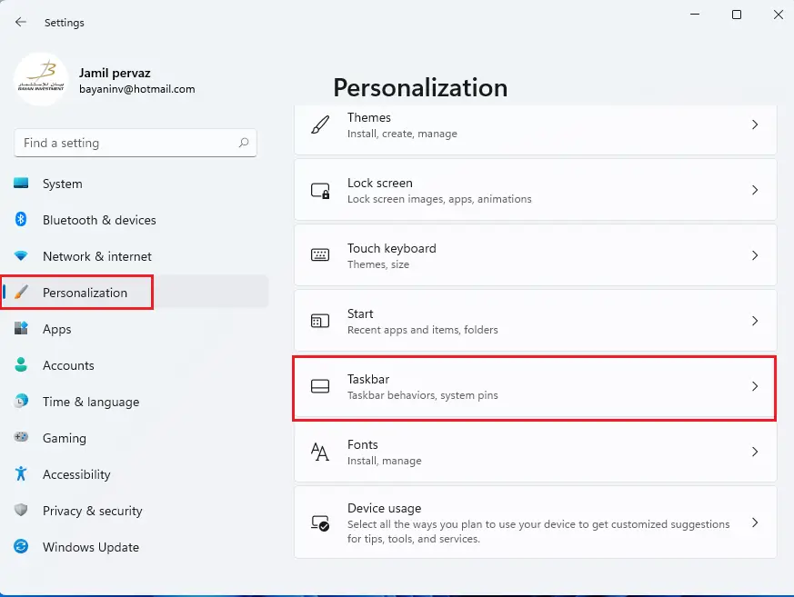 Windows settings, personalization