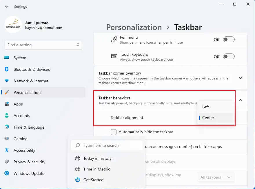 personalize settings taskbar behaviors